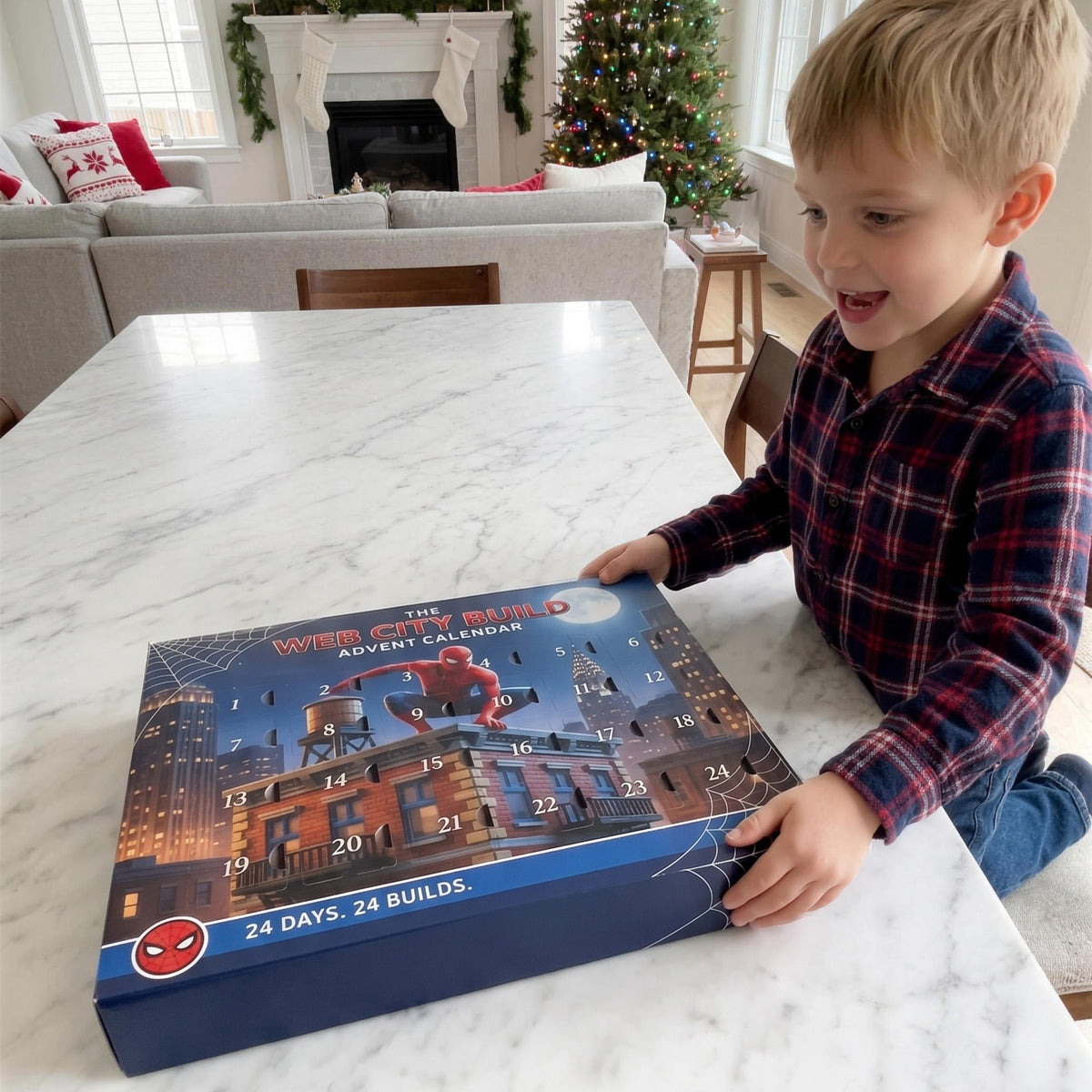 A boy opening The Web City Build advent calendar